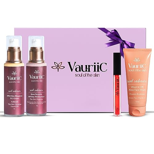 Image of VauriiC Glow & Go Gift Set with Premium Luxury Gift Box, CC cream 50 gm, Face wash 100 ml, Face Moisturizer 50 gm & Lip conditioner | Best Gift for Birthday, Anniversary | 100% Vegan | Bath & Body