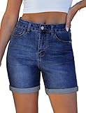 luvamia Jean Shorts for Women High Waisted Trendy Mid Thigh Long Cuffed Hem Women Shorts Casual Denim Stretch Denim Casual Summer Jorts Classic Blue Size X-Large US 16 to 18