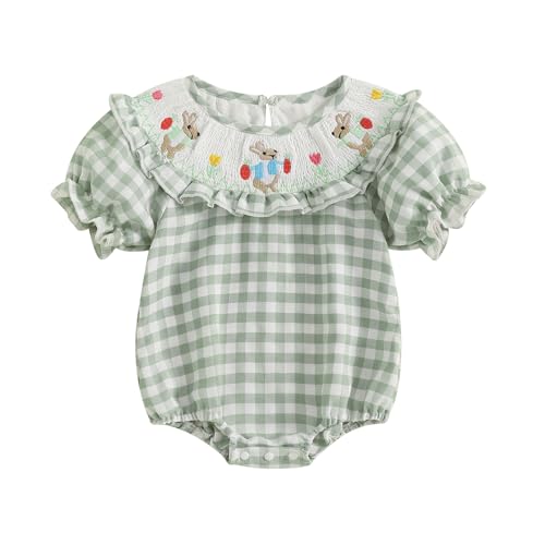 Adobabirl Baby Girl Easter Outfit Bunny Embroidery Smocked Bubble Romper Plaid Short Sleeve Bodysuit Cute Summer Clothes (Green Plaid Bunny, 3-6 Months)