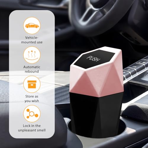 Image of Car Trash Can with Lid, Mini Leakproof Fragrance Vehicle Cup Holder Garbage Bin for Console Door, Small Portable Auto Interior Dustbin Organizer Accessories, Universal Fit (Pink)