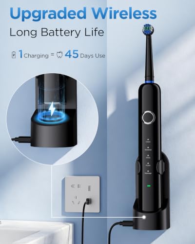 Image of Rtauys Rotating Electric Toothbrush for Adults with 8 Brush Heads (2 Types), 5 Modes Rechargeable Power Toothbrush with Travel Case and 2 Minute Smrte Timer