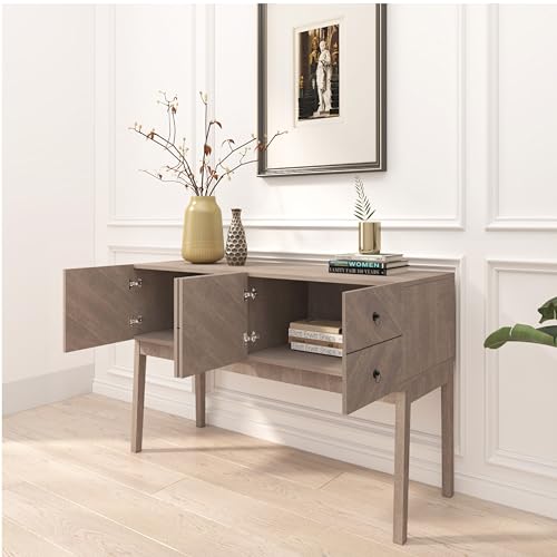 roomfitters 47” Modern Console Table with 4 Doors, Diamond Look Door Panel, Retro Sideboard Buffet Cabinet, Multi-use Sofa Table, Entryway Console Table for Hallway, Living Room, Light Oak Color
