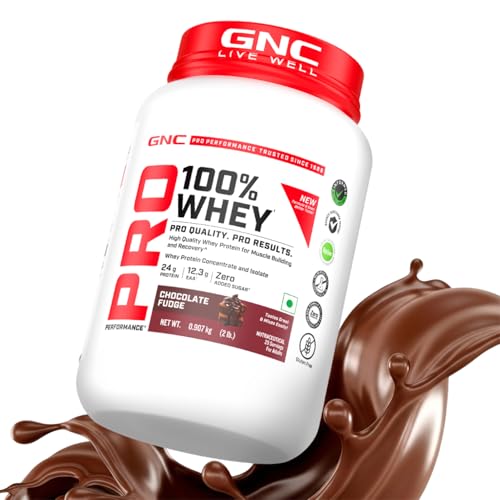 Image of GNC Pro Performance 100% Whey Protein | New Formulation | 24g Protein, 5.7g BCAAs, 12.3g EAAs | Added DigeZyme | Whey Isolate & Concentrate Blend, Low Carb (4.51g), No Added Sugar |Chocolate Fudge ,907g