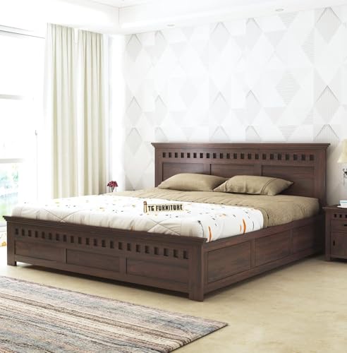 Image of TG Furniture Sheesham Wood King Size Bed with Storage | Wooden Double Bed with Box Storage for Bedroom & Hotel | Platform Cot Bed Palang | 78 X 72 | Walnut Finish