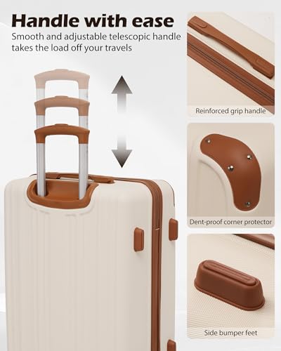 Image of Coolife Luggage Sets, 5 Piece Durable Suitcase, Lightweight Carry on Luggage with ABS Hardshell, Dual Spinner Wheels, TSA Lock and YKK Zipper (apricot white, 5 piece set)