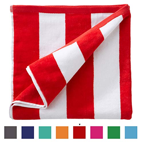 Great Bay Home Oversized Plush Velour 100% Cotton Beach Towel. Cabana Stripe Pool