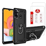 for Samsung Galaxy A21 Case with [2 Pack] Tempered Glass Screen Protector, for Galaxy A21 Heavy Duty Armor [Military-Grade] Protective, with Magnetic Ring Stand Phone Case Black