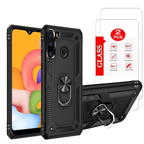 Anvzle for Samsung Galaxy A21 Case with [2 Pack] Tempered Glass Screen Protector for Galaxy A21 Heavy Duty Armor [Military-Grade] Protective with Magnetic Ring Stand Phone Case Black
