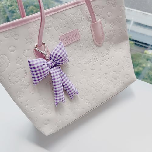 Image of Pink Bow Keychain Bag Charms Y2K Bowknot Plaid Keychains Coquette Aesthetic Purse Handbag Backpacks Charms (Purple)