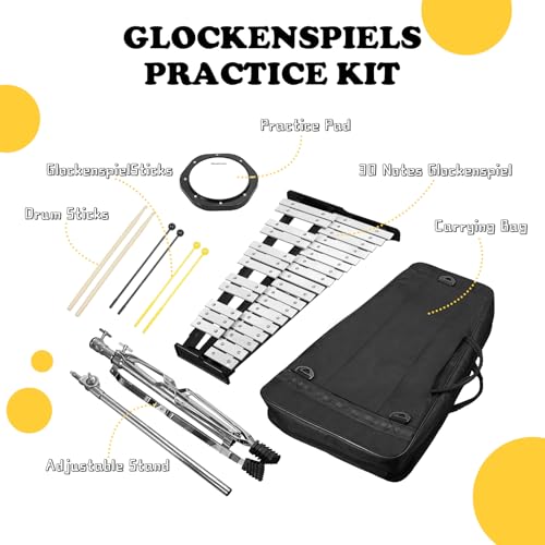 Image of Soulmate 30 Notes Glockenspiel Xylophone Bell Kit with 8'' Drum Practice Pad Professional Percussion Instrument for Adults & Beginner Students