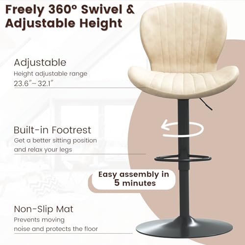 Image of Waleaf Modern Adjustable Bar Stools Set of 4, Faux Leather Upholstered Swivel Counter Stools, Counter Height Bar Stools with Large Base, Easy 5 Minute Assembly for Kitchen Island (Beige, Set of 4)