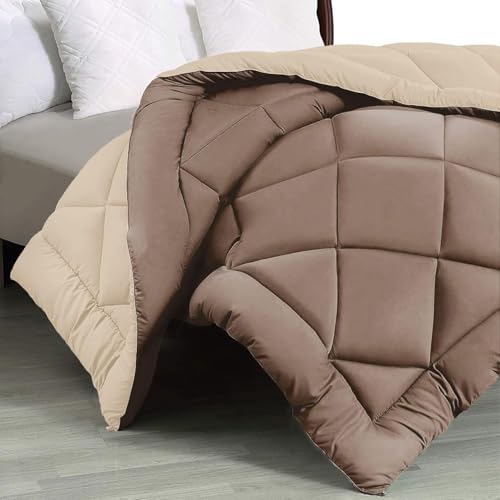Image of THE HOME STYLE Solid Plain Cotton Feel Fitted Bedsheet (72x78 inches) with Reversible Comforter (90x100 inches) | King Size | 2 Pillow Covers | 300 TC | 4-Piece Bedding Set (Coco)