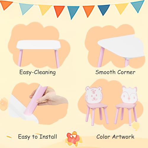 Image of Wood Table & Chairs 3 Pieces Set, Boys Girls Activity Table w / 2 Animal Shaped Chairs, Solid Wood Legs, Safe Rounded Corners, Playroom Furniture for Boys & Girls Activity Dining Drawing Craft.