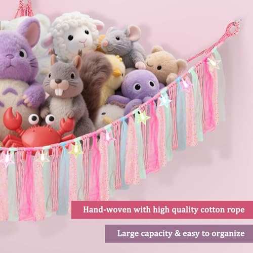 Lunriwis Kuscheltier Aufbewahrung Netz mit LED-Leuchten, Boho Makramee Spielzeug kinderzimmer deko, StofftieStofftier Aufbewahrungstasche Hängematte Aufbewahrung Kuscheltiere Rosa