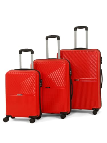Image of Teakwood Set of 3 8 Wheels Trolley Bag, Hard Cabin with Zipper Closure, Adjustable Push Button & Cross Side Strap, Number Lock System 360 Degree (Set of 3, Red)