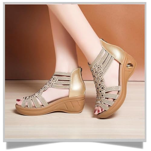 Womens' Open Toe Leather Rhinestones Wedge Sandals,Casual Hollow Out Slip-On Back Zipper Low Heel Roman Shoes，Fashion Lightweight Wedding Party Dress Shoes4