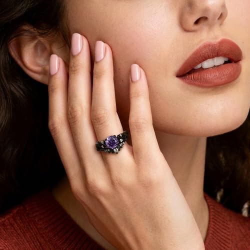 Image of Jeulia 2PCS Wedding Ring Set for Women 1.5 ct Black Thorn Purple Rose Cut 925 Sterling Silver Gothic Bat Design Engagement Ring Vintage Jewelry with Gift Box