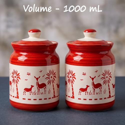Image of D'Maiolica Ceramic Handmade Pickle Jars in 1000ml (set of 2) | Floral Bale 1 kg Achaar Martban | Ceramic Jadi for Kitchen Storage (Set of 2) | Jars for Achar, Spices, Salt (Artisan Red Savannah)