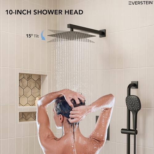 Sistema de ducha de lluvia cuadrada, juego de grifería con cabezal de ducha de alta presión de 10" y ducha de mano con barra deslizante, Negro Mate miniatura 5