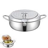 Stainless Steel Frying Pot with Thermometer and Oil Drip Drainer Rack, 304 Stainless Steel Deep Frying Pan with Lid, for French Fries, Chicken Etc (Silver,24cm)