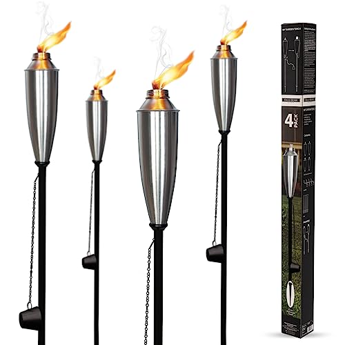 Garden Torch Set of 4 Garden Backyard Landscape Lanterns - 60 Inch Citronella Patio Metal Torch (Satin Silver) by Deco Window