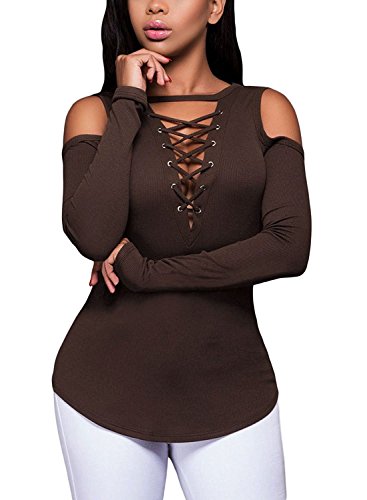 Hibluco Damen Sexy Tiefer V-Ausschnitt Cold Shoulder Tops Langarm Bluse Shirt Slim Lace-Up Geripptes Stretchy T-Shirt, Kaffee, Klein Cover