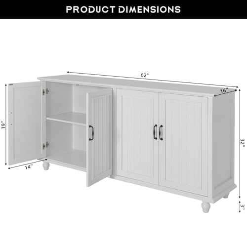 Scurrty 62\'\' Coffee Bar Cabinet Kitchen Buffet Storage Cabinet, Buffet Cabinet Bar Cabinet with Storage, Sideboard Buffet Cabinet for Dinning Room, Kitchen & Living Room (4 Doors, White) - Thumbnail 2