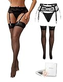 comeondear Dentelle Porte Jarretelles Femme avec Bas Sexy Ensemble Porte Jarretelle Grande Taille Vintage avec G string Jarretières avec 4 Pinces Réglable Guêpière Respirant Noir+Bas,3XL 4XL