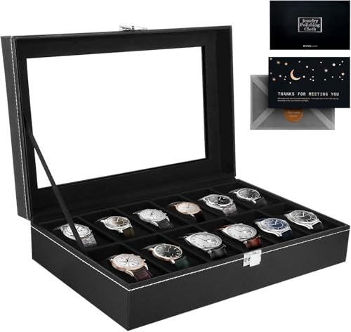 TOSUTO Boîte à Montres à 12 Emplacements,Présentoir à Montres,Boite Rangement Montre,Coffret à Montres avec Couvercle en Verre,Coussinets...