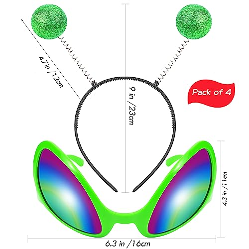 4Pcs Halloween Green Headband and Glasses Set Boppers Antenna Headband Rainbow Lens Sunglasses for Alien Theme Halloween Cosplay Party Supplies