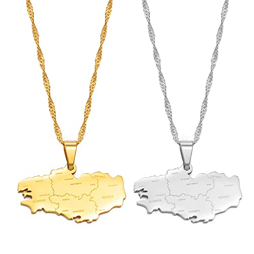 QIUFEN France Bretagne Breizh Carte Pendentif Collier, Hyperbole Ethnique Charme Patriotique Bijoux,Carte Du Monde Colliers Pour Hommes Femmes Fête Anniversaire Couple Cadeau,Blanc,45Cm