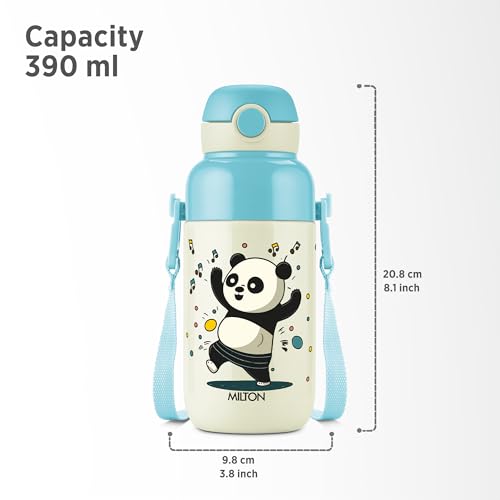 Image of Milton Steel Indus 400 Thermoware PU Insulated, 390 ml Water Bottle with Straw for Kids, Leak Proof Flip Top Sipper Lid Bottle, School, Picnic, Easy to Carry Belt, White