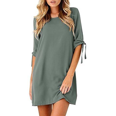 Minetom® Women Elegant Mini Dress 3/4 Lace Up Sleeve Round Neck Casual Pullover Tunic Spring Summer Sundress Chiffon Party Clothes Green Grey UK 14 Cover