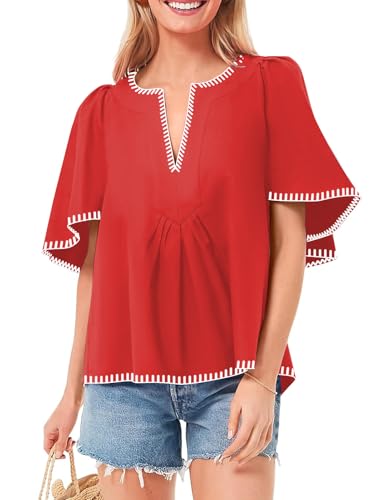 HOULENGS Women's Casual Ruffle Short Sleeve Tops 2025 Summer V Neck Pleated Blouses Loose Business Work Shirts4