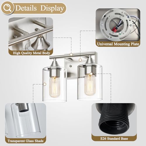 Image of Bathroom Vanity Light Fixture, 2-Light Brushed Nickel Over Mirror, Modern for Bedroom Vanity Table Hallway