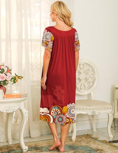 Image of Bloggerlove Mumu House Dress for Women with Pockets Short Sleeve Nightgowns | 15% Cotton, 80% Polyester, 5% Spandex, Floral Mumu House Dress, V-Neck, Short Sleeves, Midi Length, 2 Side Pockets, Lounging