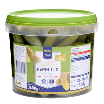 Pepinillos en Vinagre Chef – El Toque Crujiente y Sabroso para tus Aperitivos, Diferentes Tamaños y Tambien Con Sabor Anchoas. (1 CUBO, P. grande en vinagre 1900 gne (3800 g))