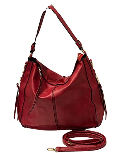 JUPA Place Large Vegan Leather Crossbody Shoulder Hobo Women Handbag Purse - Durable Multi-Pocket Tote for Travel, Work & School- (RED)