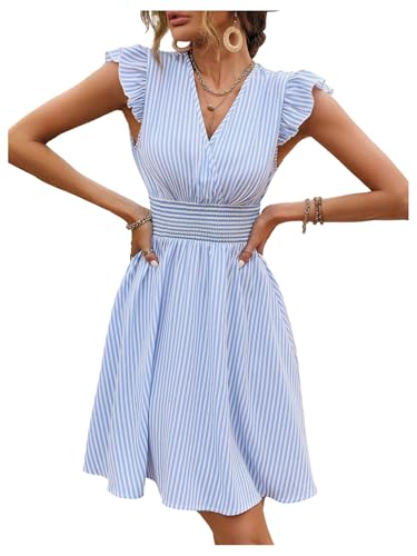 SOLY HUX Women's Summer Party Striped Dress Ruffle V Neck A Line Flowy Beach Mini Dresses