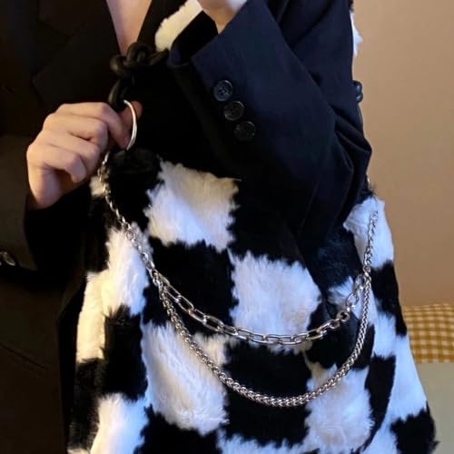 Fluffy Shoulder Bag Plaid Plush Underarm Bag Y2K Fuzzy Chain Crossbody Bag for Women Winter4