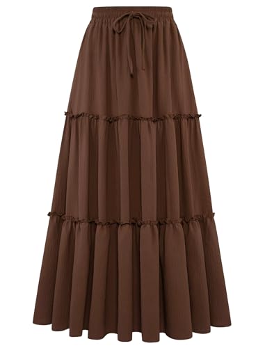 Arolina Maxi Skirts for Women 2026 Summer Vacation Flowy Tiered Long Skirt Elegant Loose Ruffle Layered Teacher Skirts S Brown