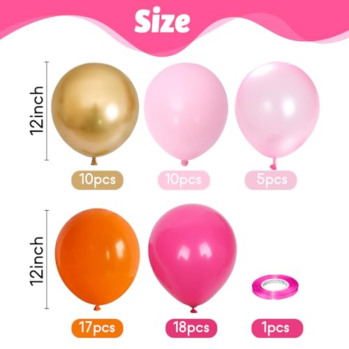 Image of Pink and Orange Balloons, 60Pcs 12 Inch Hot Pink Orange Gold Party Balloon for Summer Tropical Theme Graduation Girls Women Birthday Wedding Bridal Baby Shower