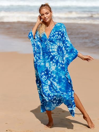 Image of IMAGEKOPE Women's Plus Size Animal Print V-Neck Batwing Kaftan Beach Dress Bathing Suit Cover-Up Loungewear