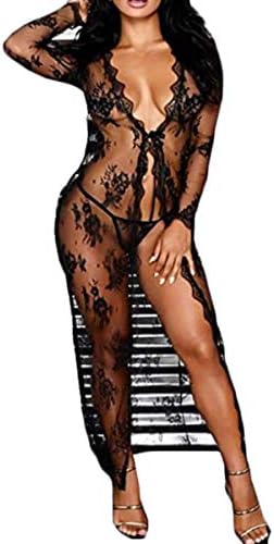 hujukuludusu Women Sexy Lingerie Lace Sheer See Through Long Dressing Gown Kimono Robe (Black, XL)