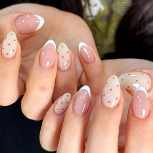 Medium Short Press on Nails Almond Fake Nails French Tip with Nud...