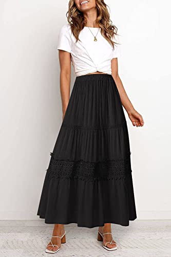 MEROKEETY Women's Boho Elastic High Waist Pleated A-line Ruffle Lace Trim Tiered Midi Maxi Skirt with Pockets2