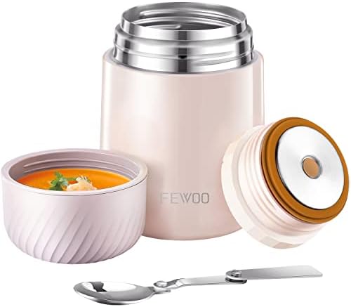 Food Thermos - 20oz Vacuum Insulated Soup Container, Stainless Steel Lunch box for Kids Adult, Leak Proof Food Jar with Folding Spoon for Hot or Cold Food (White)