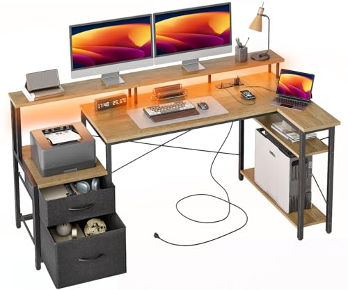 BEXEVUE L-förmiger Schreibtisch mit Steckdosen LED – 165x80cm Moderner Eckschreibtisch 2 Schubladen, Umkehrbare Ablagen, Großer Monitorständer, Corner Gaming Tisch, Studium Arbeit Zuhause Schlafzimmer