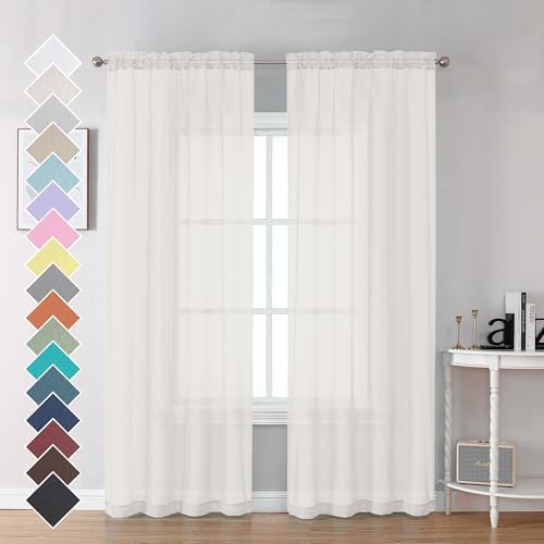 OVZME Ivory Sheer Curtains 84 Inch Length 2 Panels for Bedroom, E...