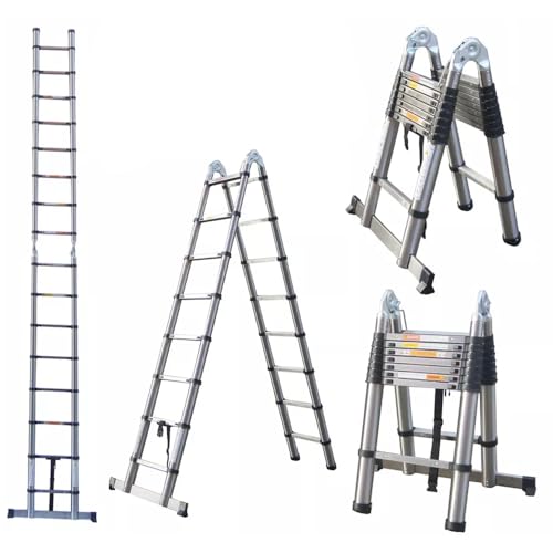 16.5FT Portable Telescopic Ladder 5M Extendable Ladder Folding A-Frame Ladder Anti Slip with Stabilizer Bar Heavy Duty Stainless Steel(2.5M+2.5M), More Sturdy and Durable than Others